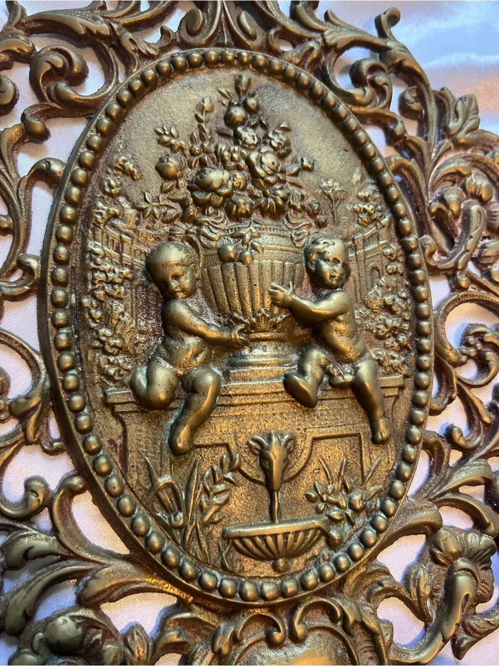 Antique Victorian Age Gold Ornate Cherub Wall Candle Sconce 2ft tall